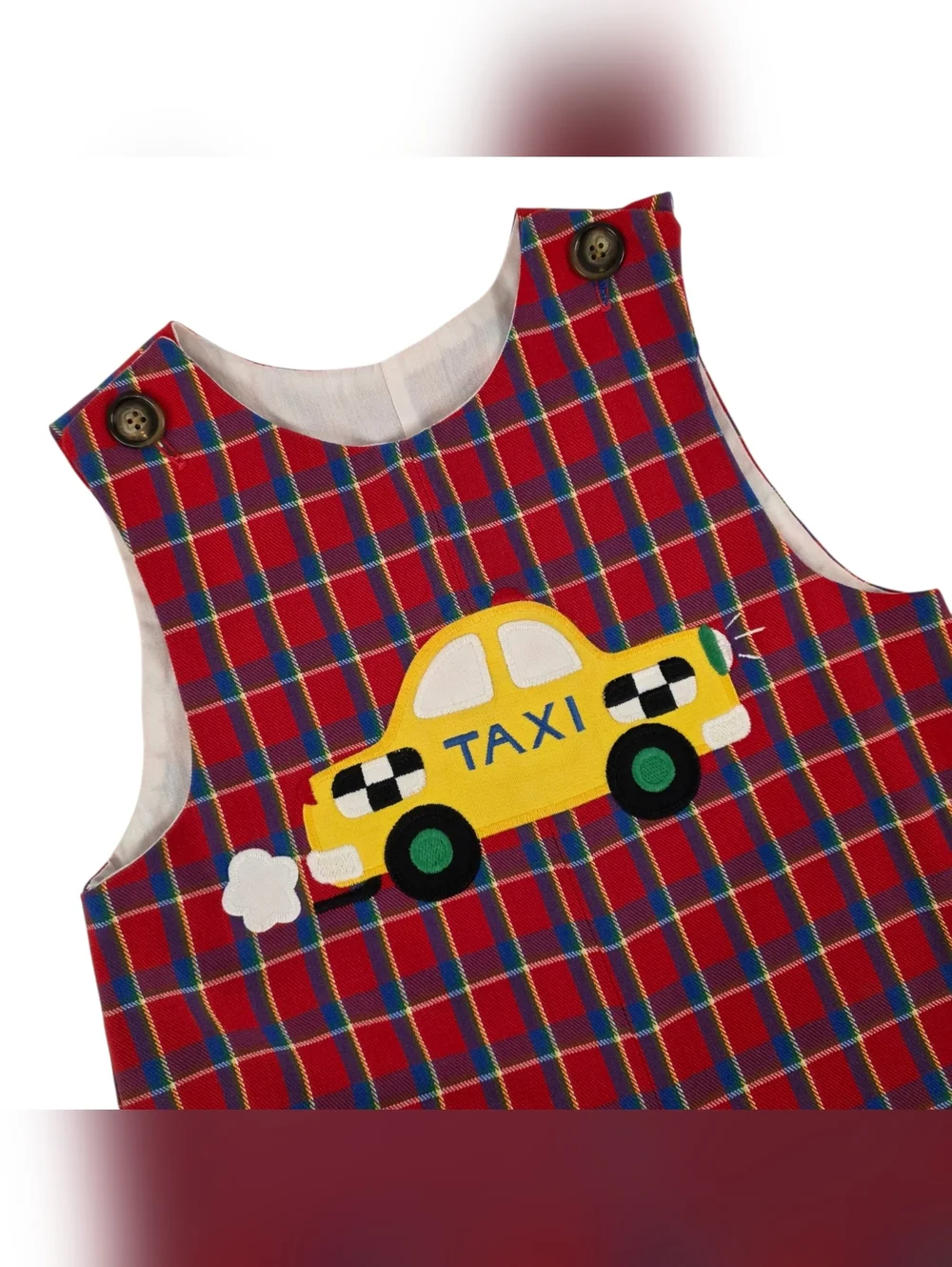 Kelly’s Kids Red Plaid Taxi Applique Overall Romper Boys 4T USA Vintage 80s/90s